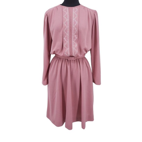 Vintage Dresses & Skirts - VTG 70s Rose Pink Pleated Embroidered Blouson Belted Long Sleeve Dress L